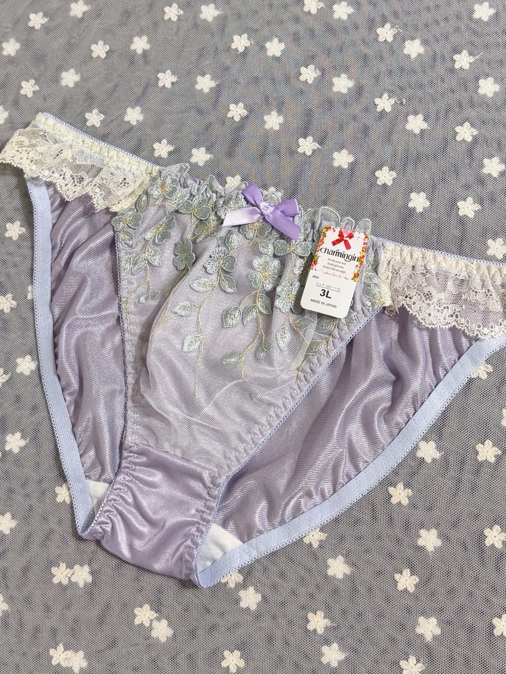 US-L/JP-3L Japanese Embroidery Ruffle String Bikini Glossy Tricot Nylon Panties